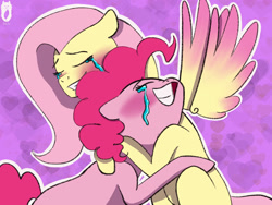 Size: 1920x1440 | Tagged: safe, artist:wolfjawswriter, fluttershy, pinkie pie, earth pony, pegasus, pony, g4, abstract background, blushing, crying, female, hug, lesbian, ship:flutterpie, shipping, spread wings, tears of joy, wings