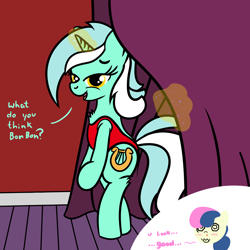 Size: 2000x2000 | Tagged: safe, artist:dafiltafish, bon bon, lyra heartstrings, sweetie drops, earth pony, pony, unicorn, comic:day by day, g4, bipedal, blood, blushing, clothes, curtains, dialogue, female, high res, lesbian, magic, nosebleed, one-piece swimsuit, open-back swimsuit, ship:lyrabon, shipping, swimsuit, swirly eyes