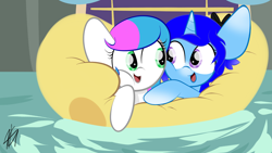 Size: 1920x1080 | Tagged: safe, artist:sugarcloud12, oc, oc only, oc:sugar cloud, pegasus, pony, unicorn, g4, road to friendship, cheek squish, i guess we're stuck together, inflatable raft, lying down, prone, raft, squishy, squishy cheeks, we're friendship bound