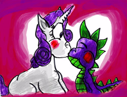 Size: 2812x2133 | Tagged: safe, artist:sonicclone, rarity, spike, g4, bashing, blushing, eyes closed, female, heart, high res, kiss on the lips, kissing, male, ship:sparity, shipping, straight, surprise kiss, traditional art