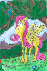 Size: 519x783 | Tagged: safe, artist:sonicclone, fluttershy, bird, pony, g4, flower, forest, grass, missing cutie mark, mountain, sky, tree