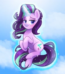 Size: 1782x2009 | Tagged: safe, artist:alinabr00k, starlight glimmer, pony, unicorn, g4, cloud, colored pupils, cute, dreamworks face, female, floating, flying, glimmerbetes, glowing horn, horn, levitation, lidded eyes, looking at you, magic, magic aura, mare, self-levitation, sky, smiling, smirk, solo, stars, telekinesis