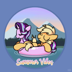 Size: 1000x1000 | Tagged: safe, artist:sugar morning, starlight glimmer, oc, oc:sunlight bolt, inflatable pony, pony, unicorn, g4, animated, canon x oc, commission, drink, female, floating, gif, glimmbolt, inflatable, inflatable toy, inflatable unicorn, inner tube, lake, loop, male, mountain, pool toy, shipping, straight, sugar morning's summer vibes, ych result