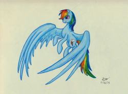 Size: 1586x1166 | Tagged: safe, artist:destology, rainbow dash, pegasus, pony, g4, large wings, solo, traditional art, wings