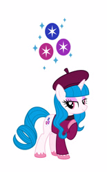 Size: 1280x2060 | Tagged: safe, artist:parclytaxel, artist:starponys87, oc, oc only, oc:bijou sapphire, pony, unicorn, asperger's syndrome, beret, clothes, cutie mark, female, hat, lidded eyes, mare, pointing at self, smiling, sweater, turtleneck, unshorn fetlocks