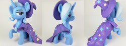 Size: 5184x1920 | Tagged: safe, artist:sparkle257, trixie, pony, unicorn, g4, cape, clothes, craft, female, figurine, hat, irl, looking at you, mare, photo, raised hoof, sculpture, solo, traditional art, trixie's cape, trixie's hat