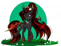 Size: 1947x1456 | Tagged: safe, artist:martazap3, oc, oc only, alicorn, dracony, dragon, hybrid, pony, black and red mane, crown, dragon wings, flower, flower in hair, horn, horns, jewelry, regalia, solo, wings