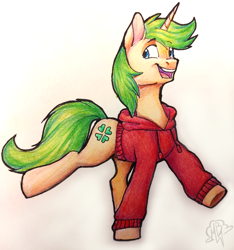 Size: 3405x3636 | Tagged: safe, artist:megabait, oc, oc only, oc:markov, pony, unicorn, 4chan, green hair, happy, high res, painting, pencil, traditional art