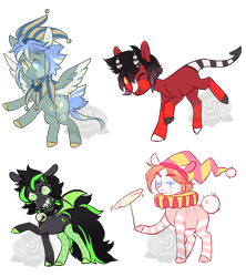 Size: 1600x1800 | Tagged: safe, artist:lavvythejackalope, oc, oc only, bat pony, pegasus, pony, bat pony oc, bat wings, clown, hat, horns, jester, jester hat, one eye closed, pegasus oc, plate, raised hoof, simple background, smiling, transparent background, two toned wings, wings, wink