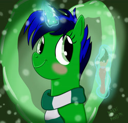 Size: 3660x3508 | Tagged: safe, artist:ace play, oc, oc only, oc:lupi, pony, unicorn, blushing, clothes, female, high res, horn, looking at you, magic, mare, paintbrush, scarf, smiling, solo, telekinesis, unicorn oc