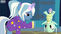 Size: 3413x1920 | Tagged: safe, artist:gradiusfanatic, trixie, oc, oc:alex, dragon, pony, unicorn, g4, 3d, alternate hairstyle, babysitter trixie, clothes, duo, female, hoodie, male, source filmmaker, spanish text, translated in the description