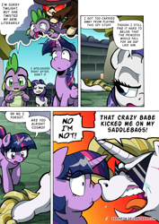 Size: 1204x1700 | Tagged: safe, artist:tarkron, rarity, spike, twilight sparkle, oc, oc:cosmo cool, alicorn, dragon, pony, unicorn, comic:the royal sandal, g4, arm behind back, boop, comic, crying, detective rarity, face down ass up, nose wrinkle, noseboop, speech bubble, tears of pain, twilight sparkle (alicorn)