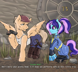 Size: 2952x2739 | Tagged: safe, artist:leastways, part of a set, oc, oc only, oc:amethyst aria, oc:steady hoof, pegasus, pony, unicorn, fallout equestria, clothes, dialogue, female, filly, gun, high res, jumpsuit, knife, male, stallion, story included, two toned mane, vault 73, vault door, vault suit, weapon