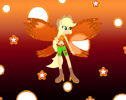 Size: 986x786 | Tagged: safe, artist:magical-mama, artist:selenaede, artist:user15432, applejack, fairy, equestria girls, g4, base used, belt, boots, clothes, cowboy hat, crossover, cutie mark, cutie mark on clothes, element of honesty, fairy wings, fairyized, gradient background, hand on hip, hat, high heel boots, high heels, magic winx, orange background, orange wings, ponied up, shoes, simple background, solo, sparkly background, wings, winx, winx club, winxified