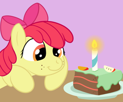 Size: 2200x1821 | Tagged: safe, artist:sweetielover, apple bloom, earth pony, pony, g4, adorabloom, apple, birthday, birthday cake, cake, cake slice, candle, cute, food, freckles, happy, mango, simple background