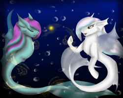 Size: 1280x1024 | Tagged: safe, artist:silentshadowwolf1998, oc, oc only, hybrid, merpony, sea pony, seapony (g4), bubble, eyes closed, fangs, fin wings, fins, fish tail, flowing mane, flowing tail, glowing, looking at each other, ocean, open mouth, orange eyes, seaponified, smiling, species swap, swimming, tail, underwater, wings