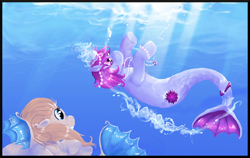 Size: 652x412 | Tagged: safe, artist:panai, oc, oc only, merpony, pony, sea pony, seapony (g4), unicorn, bubble, crepuscular rays, female, fish tail, flowing tail, glowing horn, horn, jewelry, looking up, necklace, ocean, pearl necklace, purple eyes, seaponified, smiling, species swap, sunlight, swimming, tail, underwater, water
