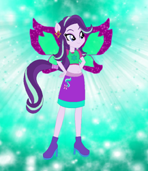 Size: 602x693 | Tagged: safe, artist:magical-mama, artist:selenaede, artist:user15432, starlight glimmer, fairy, equestria girls, g4, base used, boots, clothes, crossover, cutie mark, cutie mark on clothes, element of justice, fairy wings, fairyized, gradient background, green background, hand on hip, high heel boots, high heels, magic winx, ponied up, purple shoes, purple wings, shoes, simple background, solo, sparkly background, sparkly wings, wings, winx, winx club, winxified