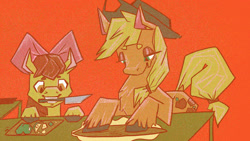 Size: 1280x720 | Tagged: safe, artist:lemonlagomorph, apple bloom, applejack, earth pony, pony, g4, apple, cooking, female, filly, food, knife, mare, mouth hold, siblings