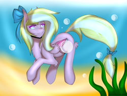 Size: 2809x2135 | Tagged: safe, artist:cannoncar, oc, oc only, oc:bay breeze, pegasus, pony, bubble, chest fluff, colored pupils, commission, crepuscular rays, female, flowing tail, folded wings, high res, ocean, pink eyes, ribbon, seaweed, smiling, solo, sunlight, swimming, underwater, water, wings