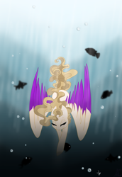 Size: 1431x2078 | Tagged: safe, artist:lunashinearts, oc, oc only, fish, pegasus, pony, brown mane, bubble, eyelashes, eyes closed, feather, female, flowing mane, flowing tail, looking down, ocean, solo, sunlight, swimming, underwater, water, wings