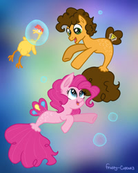 Size: 945x1181 | Tagged: safe, artist:frosty-cupcak3, cheese sandwich, pinkie pie, earth pony, pony, seapony (g4), g4, blue eyes, brown mane, bubble, dorsal fin, female, fish tail, flowing tail, gray eyes, looking at each other, male, mare, open mouth, pink mane, seaponified, seapony pinkie pie, signature, smiling, species swap, stallion, tail, underwater, water