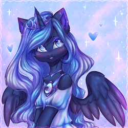 Size: 3000x3000 | Tagged: safe, artist:zefirka, princess luna, alicorn, semi-anthro, g4, blushing, chest fluff, clothes, crown, cute, ear fluff, floating heart, heart, high res, jewelry, lunabetes, regalia, solo