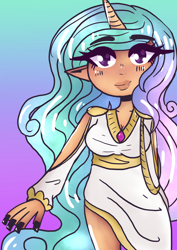 Size: 2480x3508 | Tagged: safe, artist:prizecow, princess celestia, human, g4, clothes, dress, elf ears, high res, horn, horned humanization, humanized, long nails