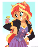 Size: 2218x2675 | Tagged: safe, artist:lummh, ray, sunset shimmer, gecko, leopard gecko, lizard, equestria girls, clothes, clothes swap, cosplay, costume, crossdressing, cute, dress, duo, female, frown, grin, happy, high res, jacket, male, ponied up, pony ears, rapunzel, ray is not amused, smiling, tangled (disney), teeth, unamused, unhappy