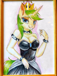 Size: 3472x4640 | Tagged: safe, artist:megabait, oc, oc:markov, unicorn, anthro, bowsette, breasts, cleavage, clothes, cosplay, costume, crossover, crown, green hair, jewelry, painting, pencil, regalia, rule 63, super crown, toadette, traditional art