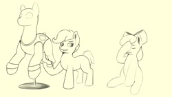 Size: 3840x2160 | Tagged: safe, artist:flutterfigle, apple bloom, scootaloo, earth pony, pony, g4, the show stoppers, high res, mannequin, monochrome