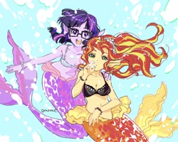 Size: 2048x1640 | Tagged: safe, artist:5mmumm5, sci-twi, sunset shimmer, twilight sparkle, mermaid, equestria girls, bare shoulders, breasts, bubble, cleavage, ear fins, female, glasses, lesbian, mermaid tail, mermaidized, midriff, open mouth, open smile, scitwishimmer, shipping, sleeveless, smiling, species swap, sunsetsparkle, underwater, water