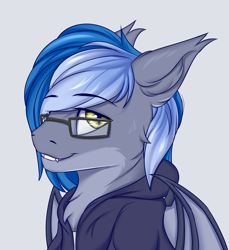 Size: 2200x2400 | Tagged: safe, artist:snowstormbat, oc, oc only, oc:midnight snowstorm, bat pony, pony, bust, clothes, glasses, high res, hoodie, male, portrait, smiling, solo, stallion