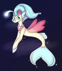 Size: 1434x1641 | Tagged: safe, artist:voxeu, princess skystar, seapony (g4), g4, my little pony: the movie, bioluminescent, blue eyes, blue mane, bubble, collaboration, dorsal fin, female, fin wings, fish tail, flower, flower in hair, flowing mane, flowing tail, glowing, jewelry, necklace, pearl necklace, red wings, smiling, solo, swimming, tail, underwater, wings