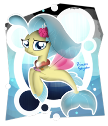 Size: 1050x1220 | Tagged: safe, artist:cloudyzu, princess skystar, seapony (g4), g4, my little pony: the movie, blue eyes, blue mane, bubble, chibi, collaboration, dorsal fin, female, fin wings, fish tail, flower, flower in hair, flowing mane, flowing tail, jewelry, looking at you, necklace, pearl necklace, red wings, seashell necklace, smiling, solo, tail, underwater, wings