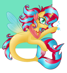 Size: 2360x2541 | Tagged: safe, artist:daringashia, oc, oc only, alicorn, pony, seapony (g4), adoptable, bubble, clothes, dorsal fin, female, fin wings, fish tail, flowing mane, green eyes, high res, horn, jewelry, magical lesbian spawn, multicolored hair, necklace, not sunset shimmer, offspring, parent:princess skystar, parent:sunset shimmer, parents:skyset, seaponified, see-through, simple background, smiling, solo, species swap, tail, wings