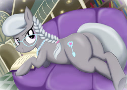 Size: 3508x2480 | Tagged: safe, artist:neoshrek, silver spoon, earth pony, pony, g4, butt, couch, crossed legs, female, high res, looking back, lying down, mare, older, older silver spoon, plot, reading, smiling, solo