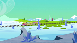 Size: 1280x720 | Tagged: safe, screencap, g4, games ponies play, background, cloud, crystal empire, friendship express, mountain, no pony, railroad, scenery, scenic ponyville, snow, train