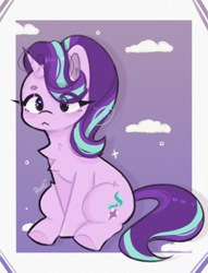 Size: 1127x1474 | Tagged: safe, artist:kokoaapuff, starlight glimmer, pony, unicorn, g4, :<, chest fluff, cloud, cute, eye clipping through hair, eyebrows, eyebrows visible through hair, female, frown, glimmerbetes, mare, sitting, solo, sparkles
