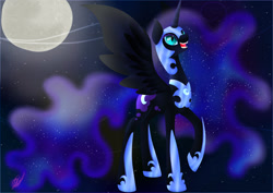 Size: 2912x2059 | Tagged: safe, artist:zedd-jetstream, nightmare moon, alicorn, pony, g4, blue eyes, blue mane, ethereal mane, female, flowing mane, flowing tail, high res, hoof shoes, horn, moon, moonlight, night, open mouth, solo, spread wings, starry mane, stars, teeth, wings