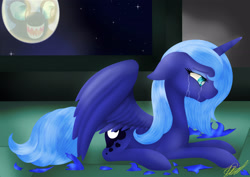 Size: 2912x2059 | Tagged: safe, artist:zedd-jetstream, nightmare moon, princess luna, alicorn, pony, g4, blue mane, blue tail, crying, female, green eyes, high res, horn, moon, night, signature, sitting, solo, stars, teary eyes, wings