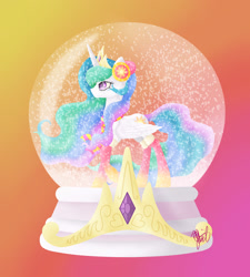Size: 2307x2560 | Tagged: safe, artist:zedd-jetstream, princess celestia, alicorn, pony, g4, clothes, crown, female, flowing mane, flowing tail, folded wings, high res, horn, jewelry, multicolored hair, purple eyes, regalia, scarf, signature, simple background, snow, snow globe, solo, wings