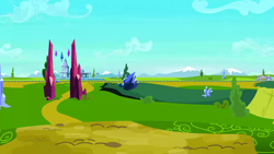 Size: 1280x720 | Tagged: safe, screencap, g4, games ponies play, background, cloud, crystal empire, day, friendship express, path, railroad, scenery, scenic ponyville, train station