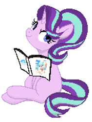 Size: 1500x1980 | Tagged: safe, artist:maren, artist:ricolove, color edit, edit, coco pommel, starlight glimmer, earth pony, pony, g4, book, colored, pixel art, simple background, solo