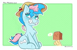 Size: 2000x1300 | Tagged: safe, artist:lound, oc, oc only, oc:blue chewings, oc:paper bag, earth pony, pony, chew toy, colt, duo, foal, hat, male, paper bag, pictogram, sitting, sweat