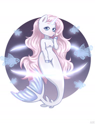 Size: 1280x1677 | Tagged: safe, artist:artnir, oc, oc only, fish, hybrid, merpony, pony, seapony (g4), unicorn, blue eyes, female, fish tail, flowing mane, heart, horn, looking at you, pink mane, seaponified, simple background, solo, species swap, tail, white background