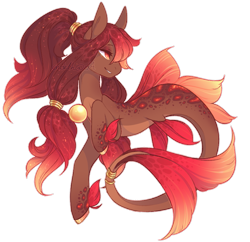 Size: 815x790 | Tagged: safe, artist:endeth, oc, oc only, merpony, seapony (g4), auction, dorsal fin, eyelashes, female, fins, fish tail, flowing mane, jewelry, looking back, markings, orange eyes, pale belly, red mane, ring, simple background, smiling, solo, tail, tail ring, transparent background, unshorn fetlocks