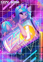 Size: 2480x3508 | Tagged: safe, artist:wavecipher, izzy moonbow, pony, unicorn, g5, cute, female, heart, heart eyes, high res, izzybetes, mare, one eye closed, open mouth, soda can, solo, stars, text, triangle, vaporwave, wingding eyes, wink