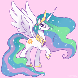 Size: 2048x2048 | Tagged: safe, artist:pfeffaroo, princess celestia, alicorn, pony, g4, female, high res, mare, pink background, profile, raised hoof, simple background, smiling, solo, spread wings, wings