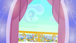 Size: 1280x720 | Tagged: safe, screencap, g4, games ponies play, background, balcony, cloud, crystal castle, crystal empire, no pony, scenic ponyville